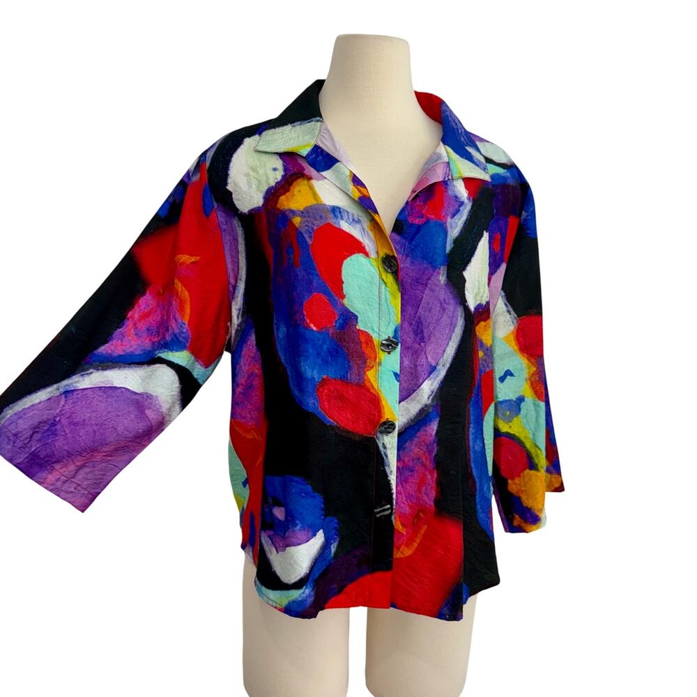 SHANA Abstract Print 3/4 Sleeve Button Up Shirt Blouse Top XL Multicolor
